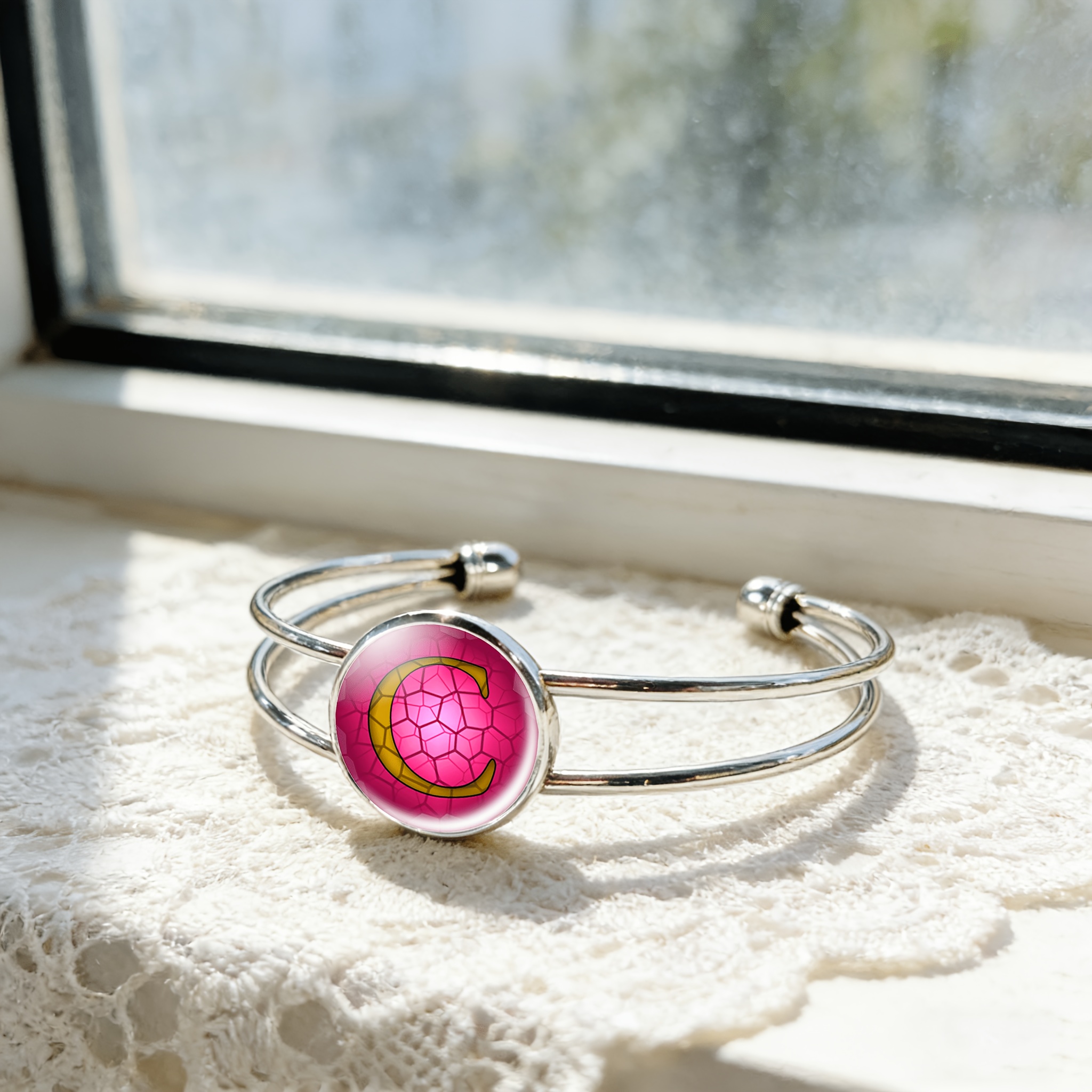 Women's Adjustable Open Bangle with Round Time Gemstone Inlay, Classic Design